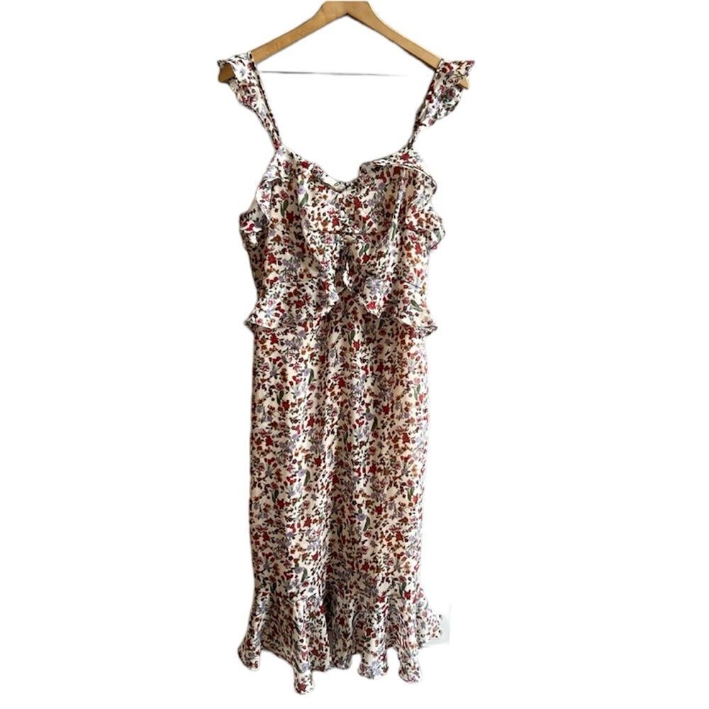 Dress Forum Floral Ruffle Midi Dress Size Large Flutter Sleeveless Neutral